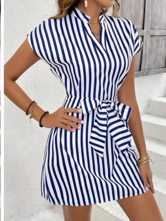 Striped Blue and White Tie-Waist Short Dress. Plus Size Available - Picture 3 of 9